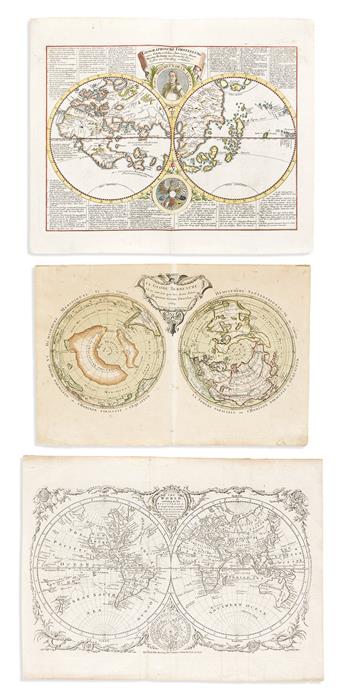 (WORLD.) Group of 5 eighteenth-century engraved double-hemispheric world maps.